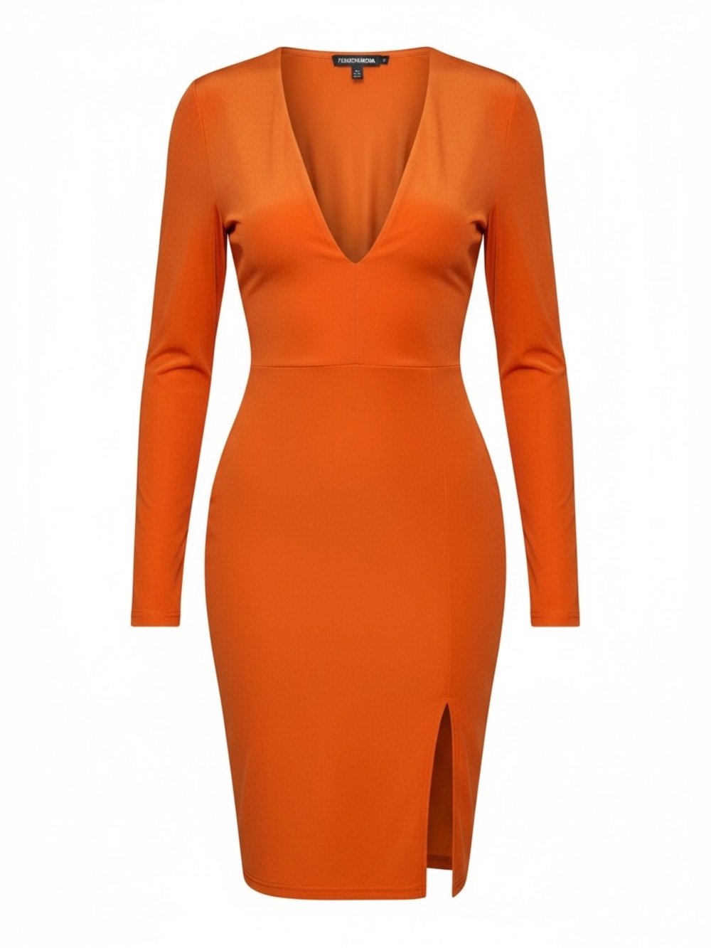 Fashion Nova Orange Long-Sleeve V-Neck Midi Dress